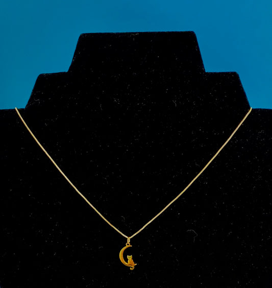 Gold plated stainless steel cat & moon adjustable necklace