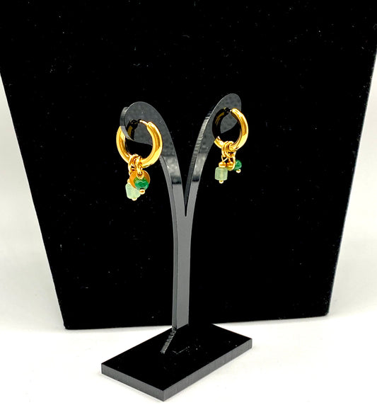 18K gold plated stainless steel hoop earrings with green natural stones