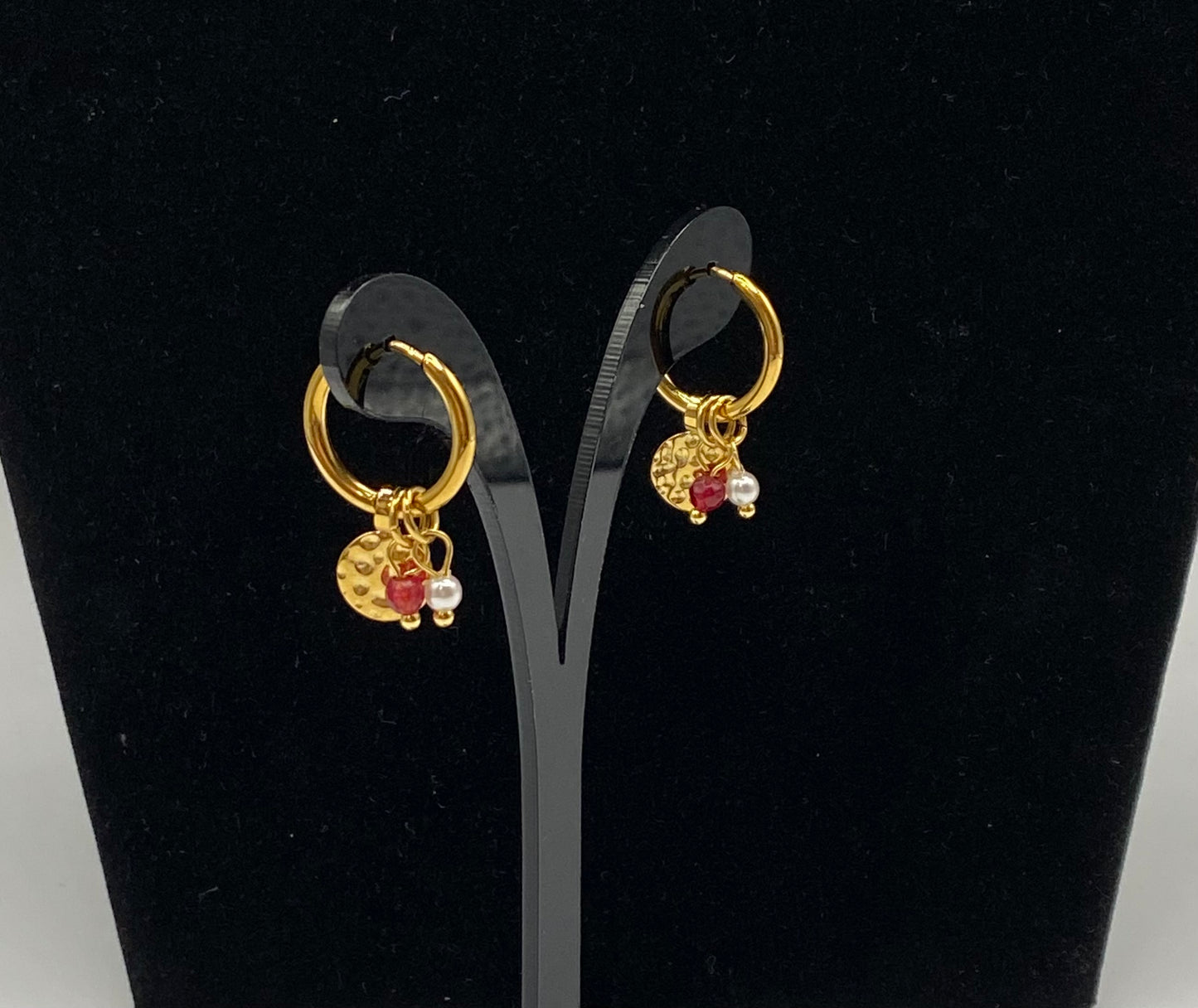 18K gold plated stainless steel hoop earrings with pearls and red beads