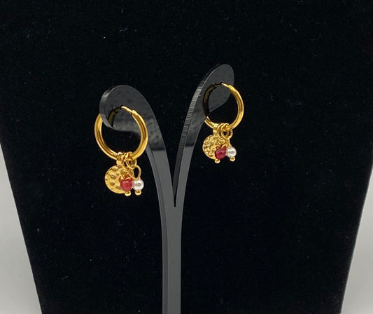 18K gold plated stainless steel hoop earrings with pearls and red beads