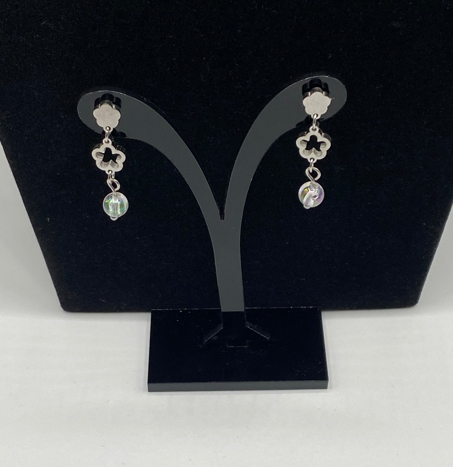 Stainless steel two flowers and clear beads earrings