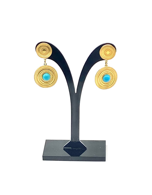 Golden stainless steel circles geometric earrings with turquoise bead