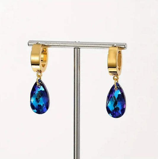 Unique gold plated stainless steel small hoop earrings with blue water drop crystals