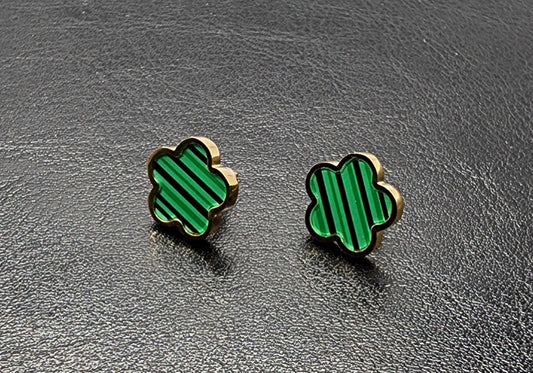 Gold plated stainless steel clover stud earrings with green enamel