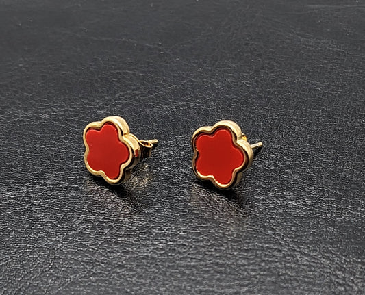 Gold plated stainless steel clover stud earrings with red enamel