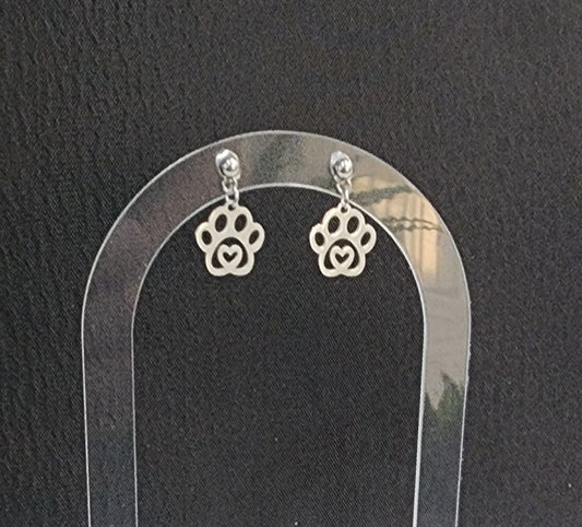 Cute Stainless Steel Pet Paw with Heart Earrings.