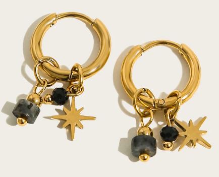 18K Gold Plated Stainless Steel Small Hoop Earrings With Natural Black and Gray Stones, Stars Charm.