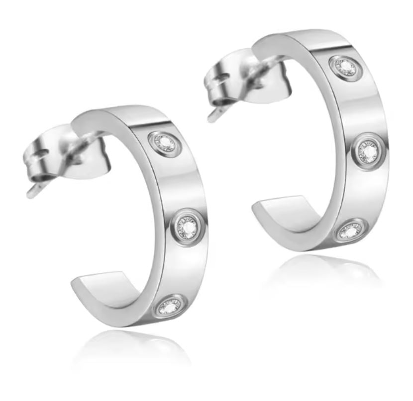 Modern Titanium Stainless Steel C-Shaped Earrings with Zircons.