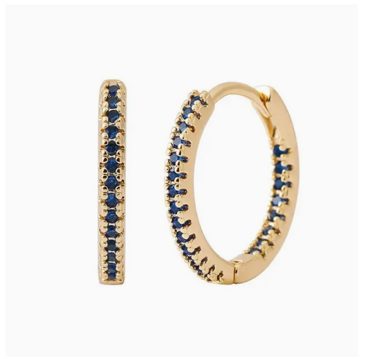 Cute Everyday Small Gold Plated Hoops with Blue Crystals