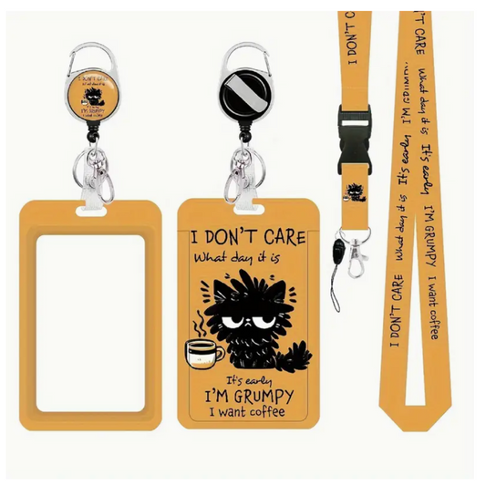Retractable ID Badge Holder with Black Cat Drinking Coffee