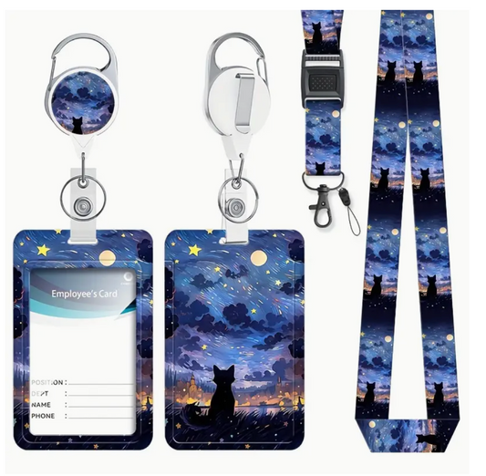 Adorable Black Cat Watching The Night Sky Badge Holder