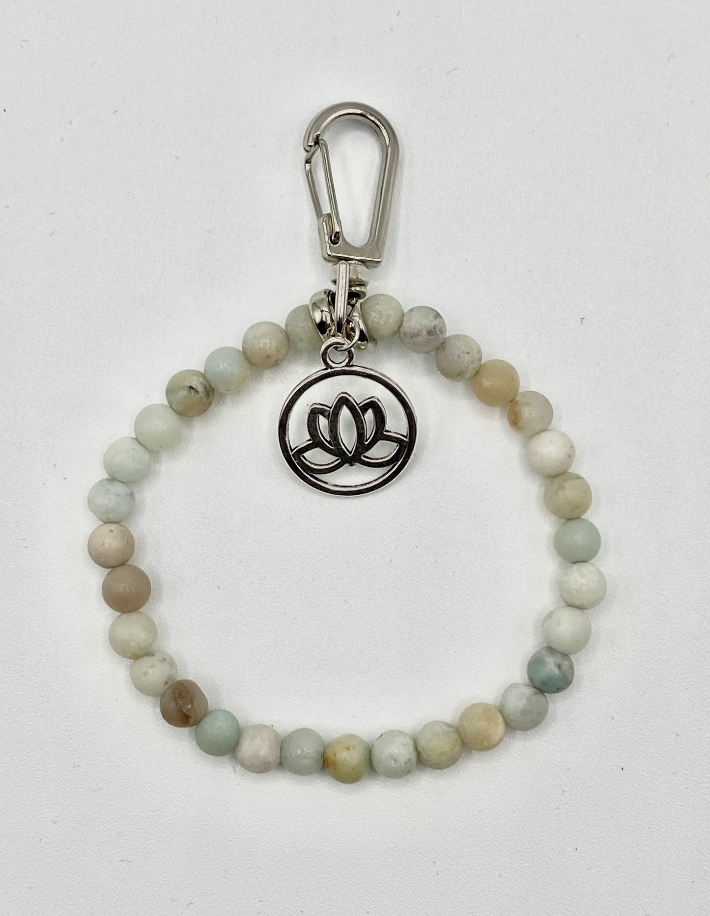 Work badge and/or key holder bracelet with lotus charm and Amazonite semi - precious stone beads