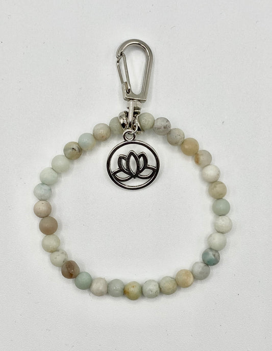 Work badge and/or key holder bracelet with lotus charm and Amazonite semi - precious stone beads