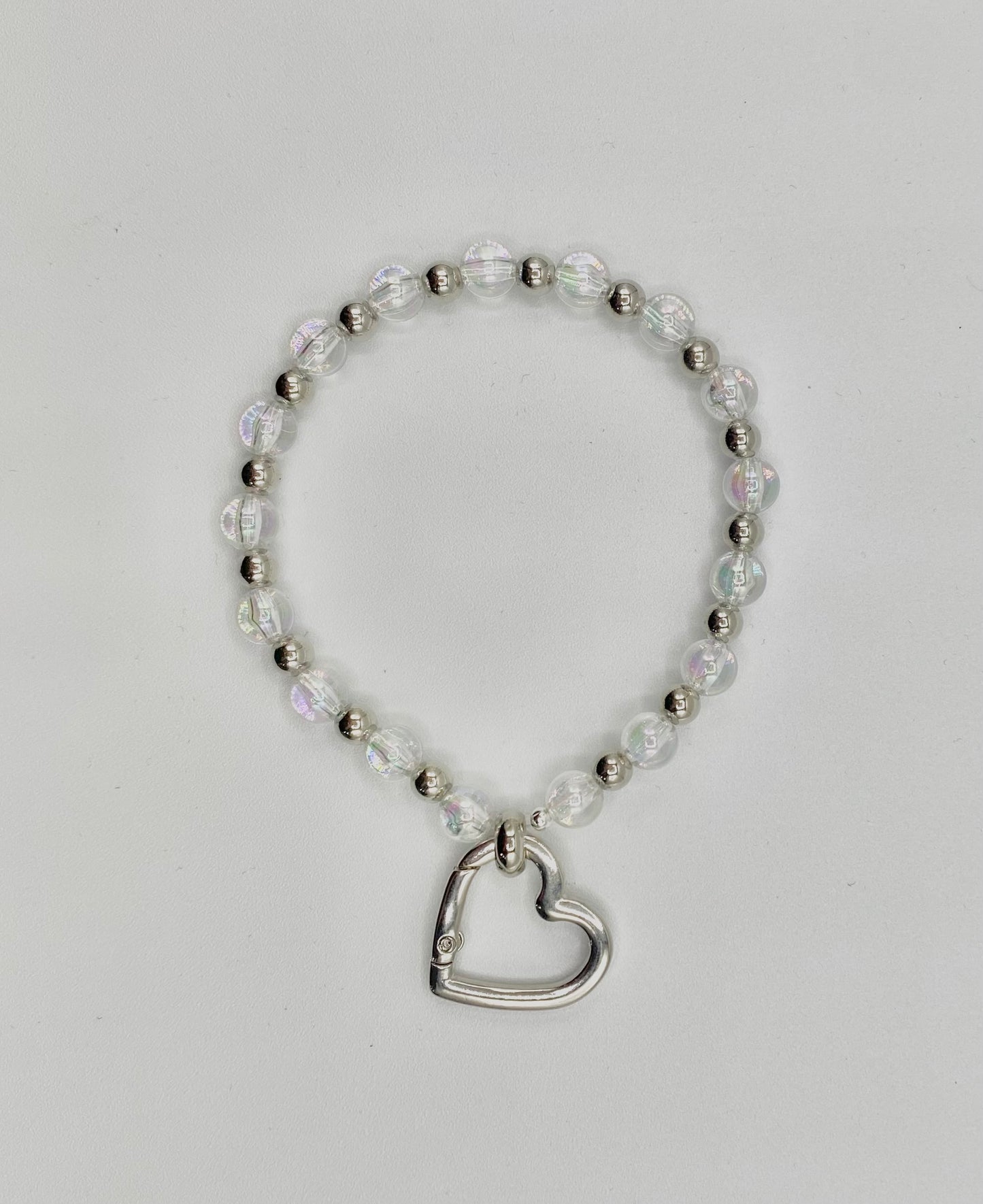 Modern acrylic and silver colour beads work badge and or key holder bracelet with heart charm.