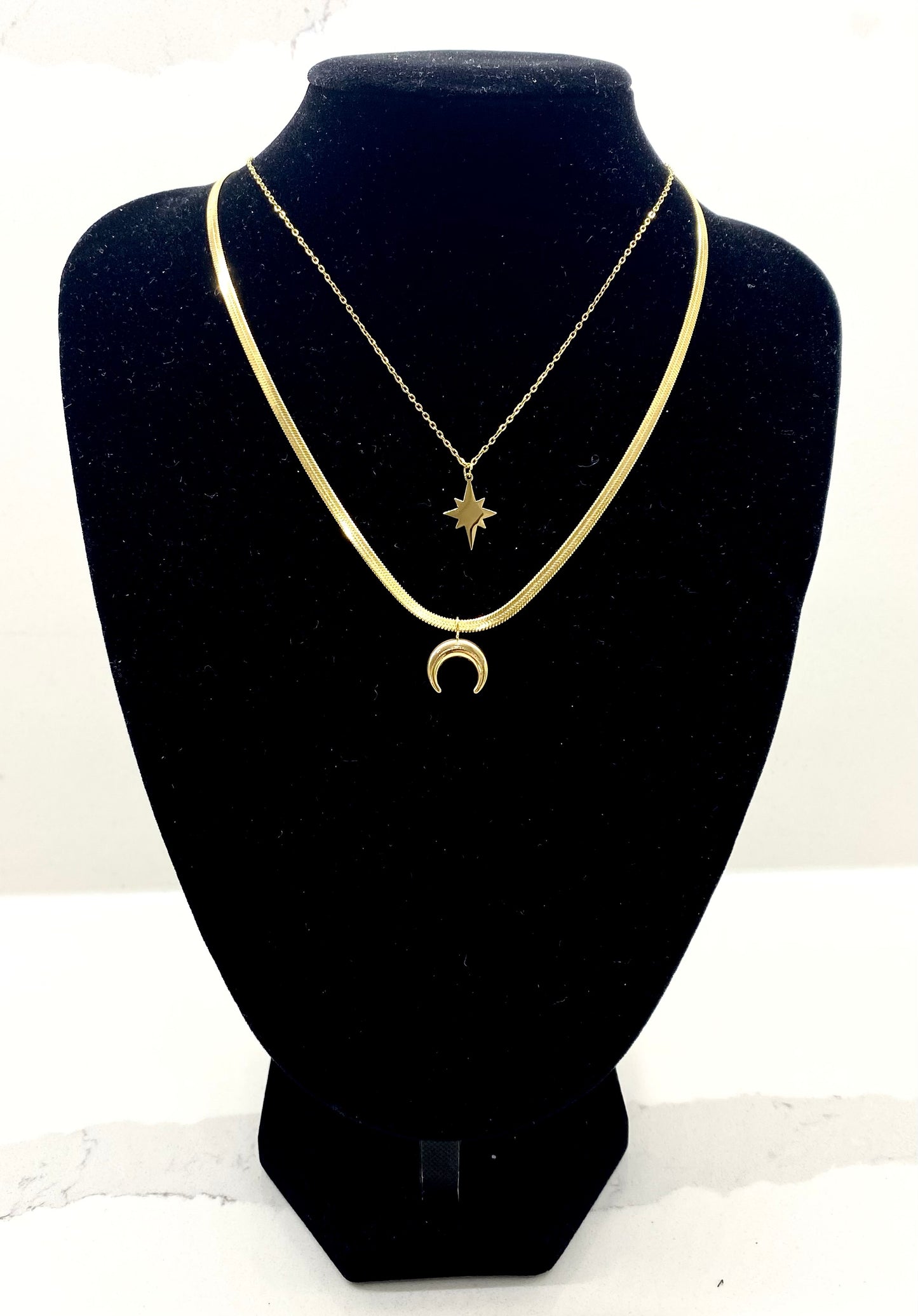 Adjustable 2-layers golden stainless steel necklace with moon and star charms