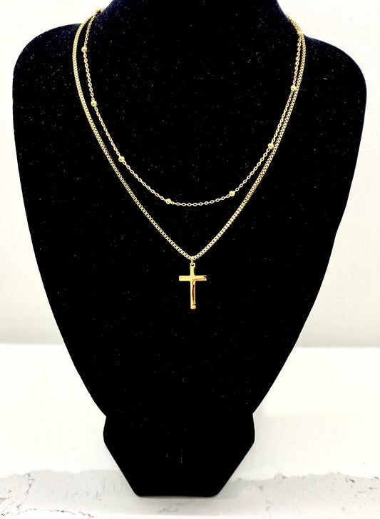 Adjustable 2-layers golden stainless steel necklace with cross charm