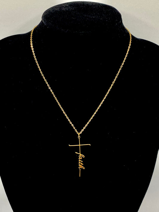 Adjustable stainless steel necklace with Cross and Faith word charm