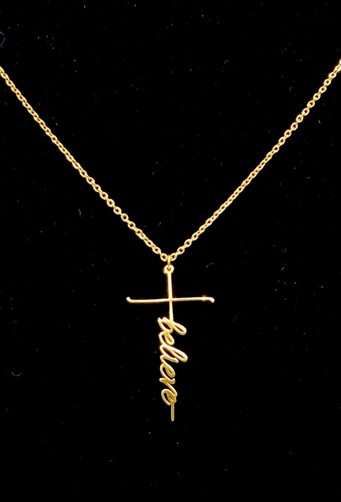 Adjustable stainless steel necklace with Cross and Believe word charm