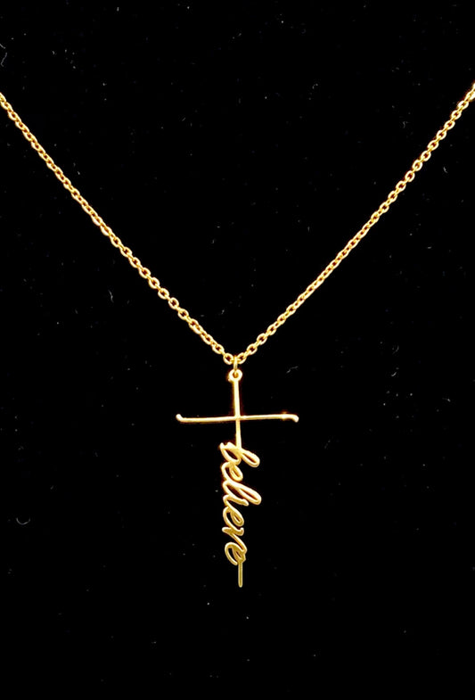 Adjustable stainless steel necklace with Cross and Believe word charm