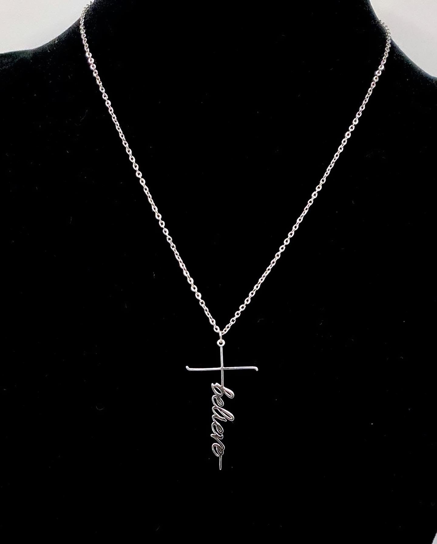 Adjustable stainless steel necklace with Cross and Believe word charm