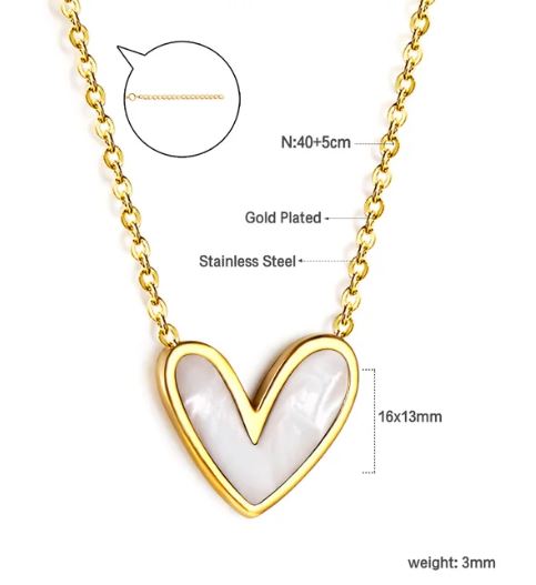 Adjustable gold plated stainless steel nacre heart pendant necklace