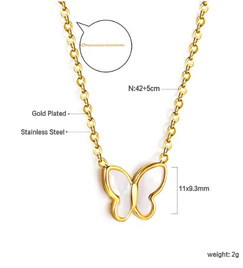 Adjustable gold plated stainless steel nacre butterfly pendant