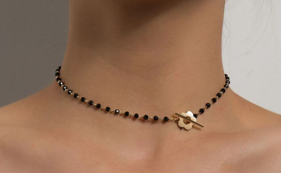 Modern zinc alloy choker / necklace with black crystal beads and golden flower lock. 15.7".