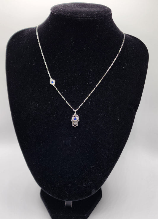 Adjustable 925 sterling silver necklace with zircons Evil Eye and Hamsa Hand pendants