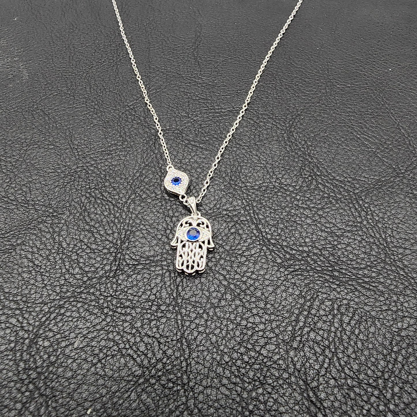 Adjustable 925 sterling silver necklace with zircons Evil Eye and Hamsa Hand pendants