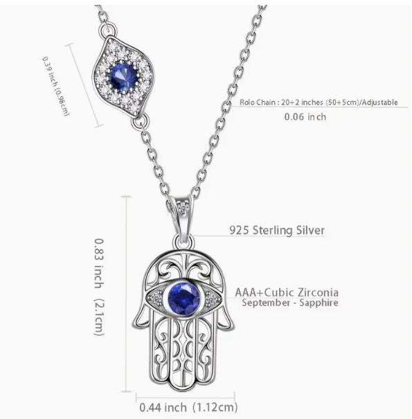 Adjustable 925 sterling silver necklace with zircons Evil Eye and Hamsa Hand pendants