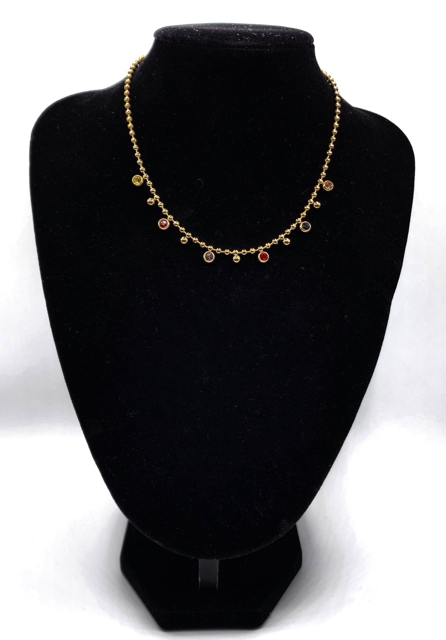 Adjustable golden stainless steel beads chain necklace with colored zircon bead pendants