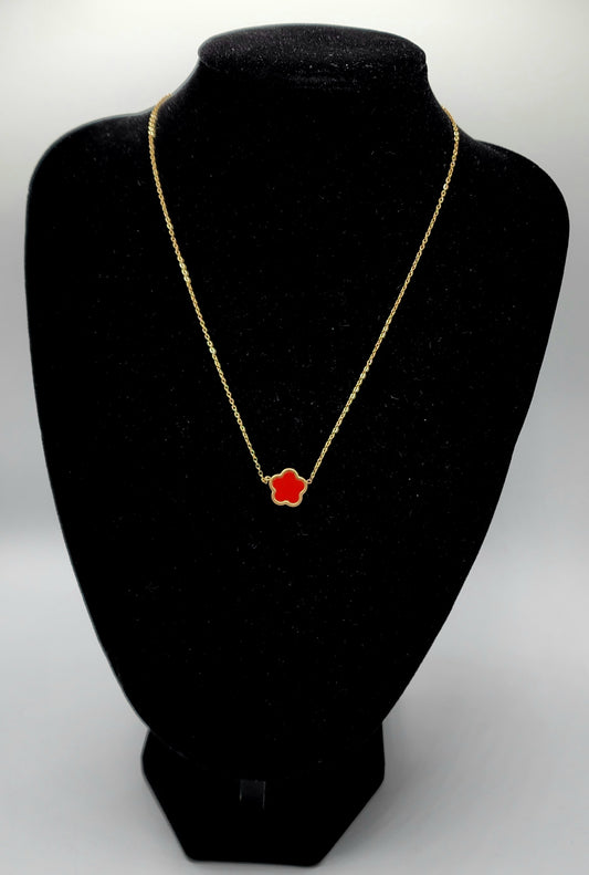 Adjustable gold plated stainless steel necklace with red enamel clover pendant