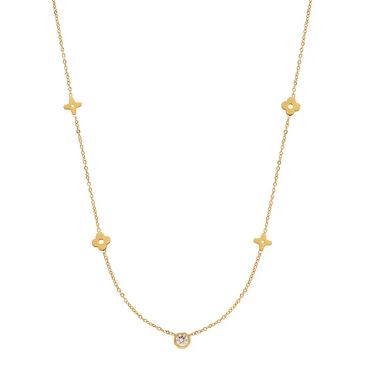 Adjustable trendy gold plated stainless steel flowers and zircon charms necklace