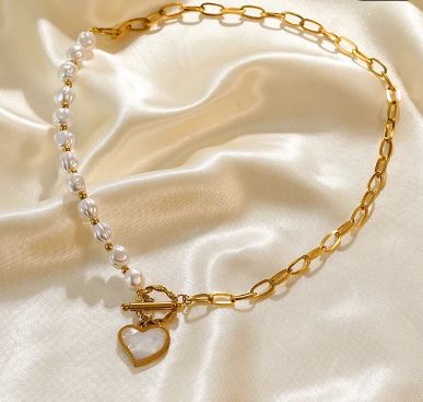 Gold Plated Stainless Steel Chain And Faux Pearls Necklace With A Nacre Heart Pendant