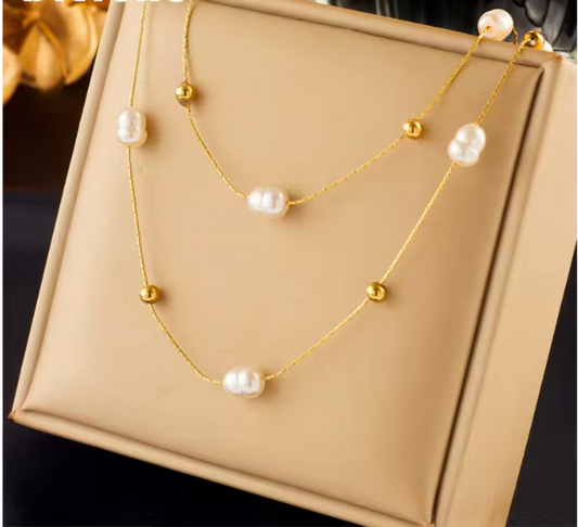 Beautiful Double Layer Faux Pearls With Beads Necklace.