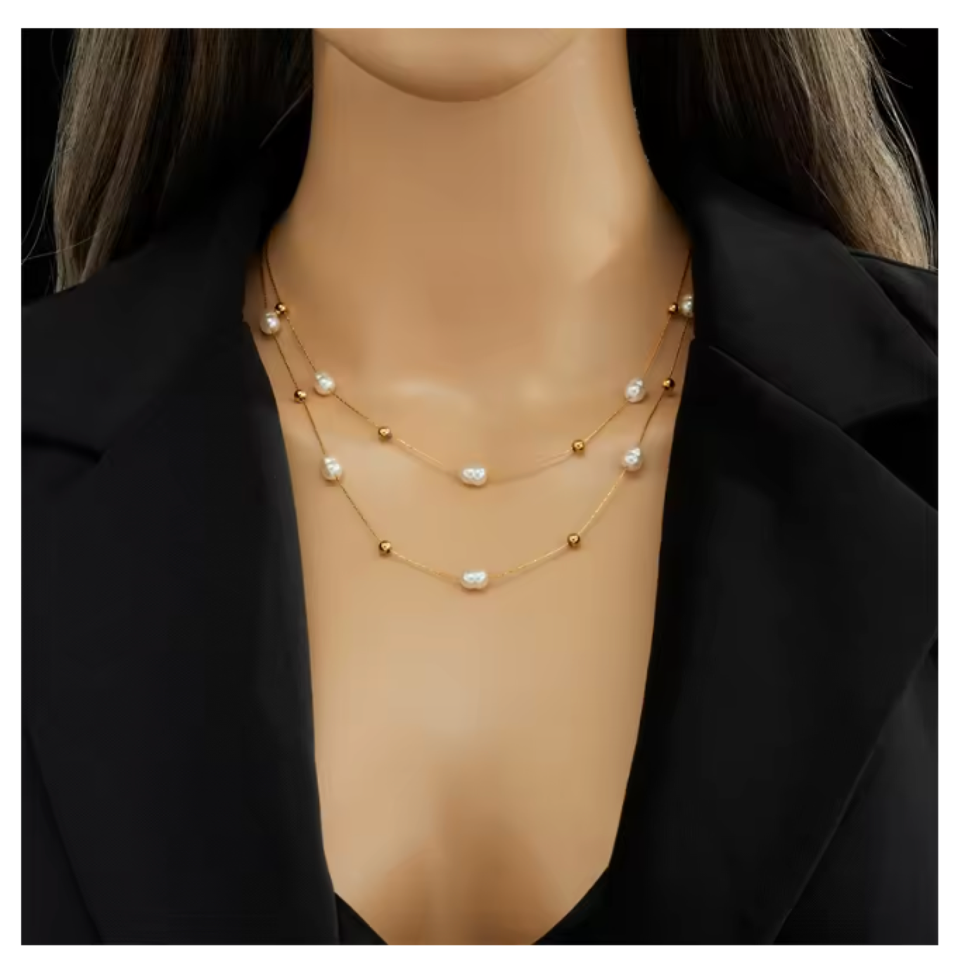Beautiful Double Layer Faux Pearls With Beads Necklace.
