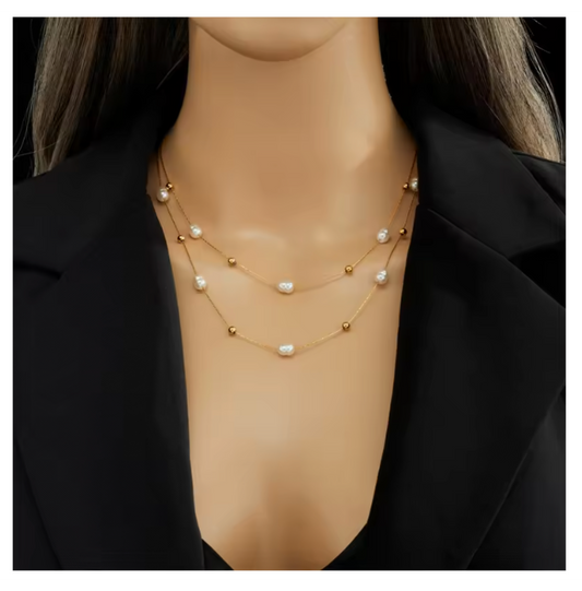 Beautiful Double Layer Faux Pearls With Beads Necklace.