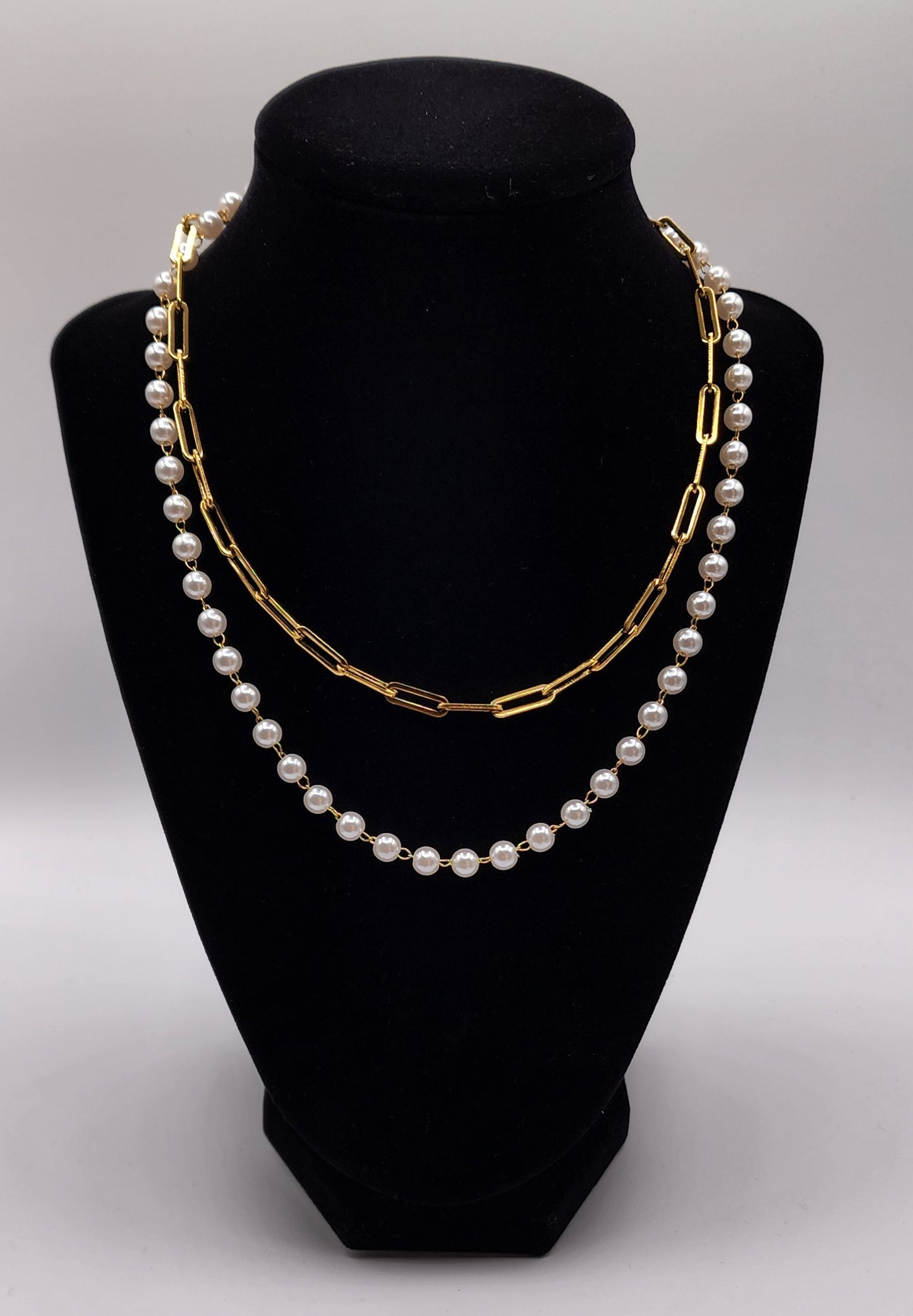 Double Paper Clip Stainless Steel Faux Pearls Necklace