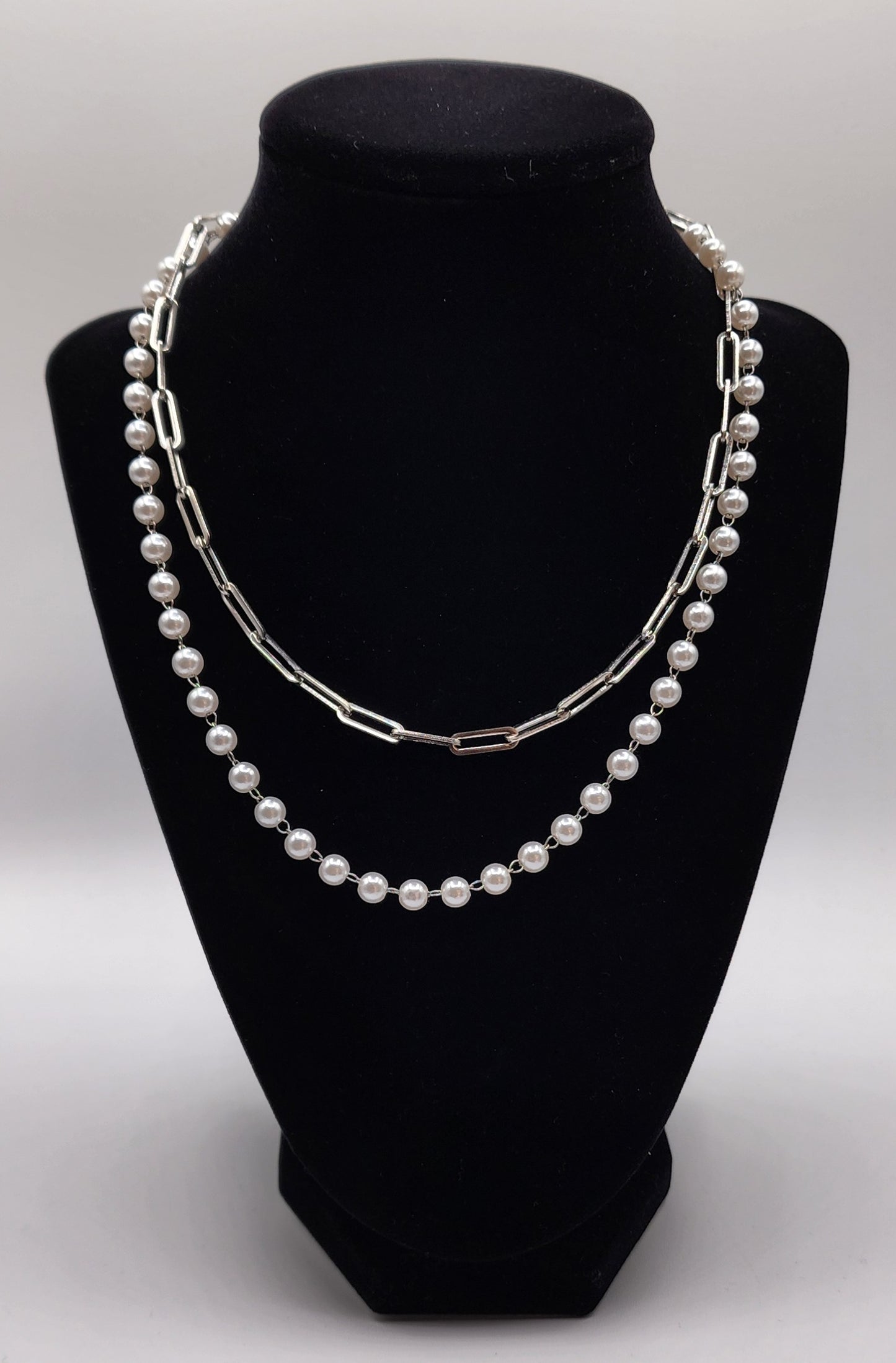 Double Paper Clip Stainless Steel Faux Pearls Necklace