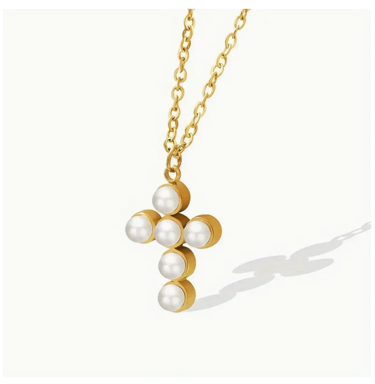 Nice And Beautiful Faux Pearls Cross Gold Plated Stainless Steel Necklace