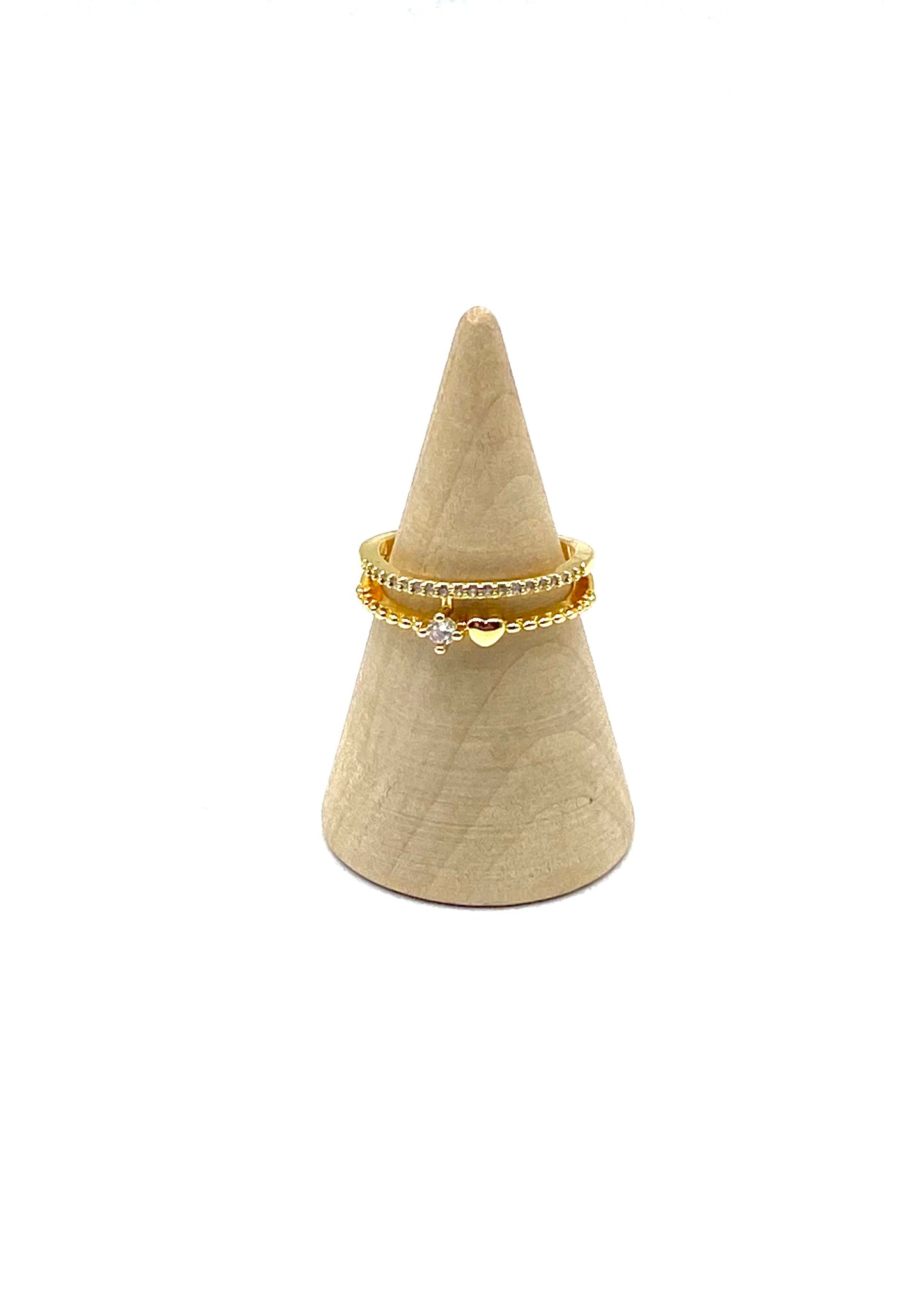 Adjustable gold plated copper double ring with heart and cubic zirconia