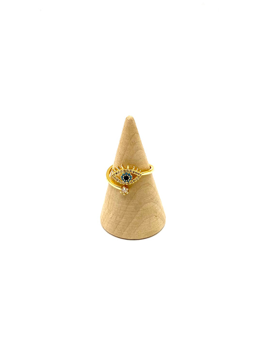 Adjustable golden stainless steel blue evil eye ring with cubic zirconia