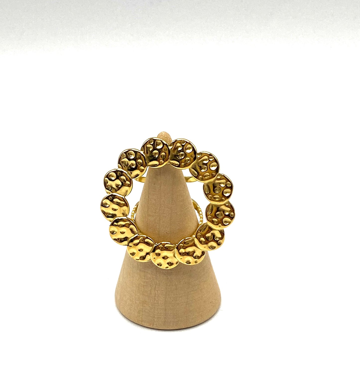 Adjustable golden stainless steel round hollow circles ring