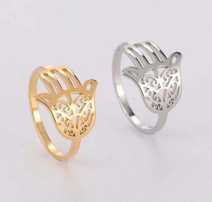 Trendy golden stainless steel Hamsa Hand ring