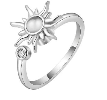 Adjustable Anti-stress And Calming silver plated copper sun Fidget Ring. Nickel free.