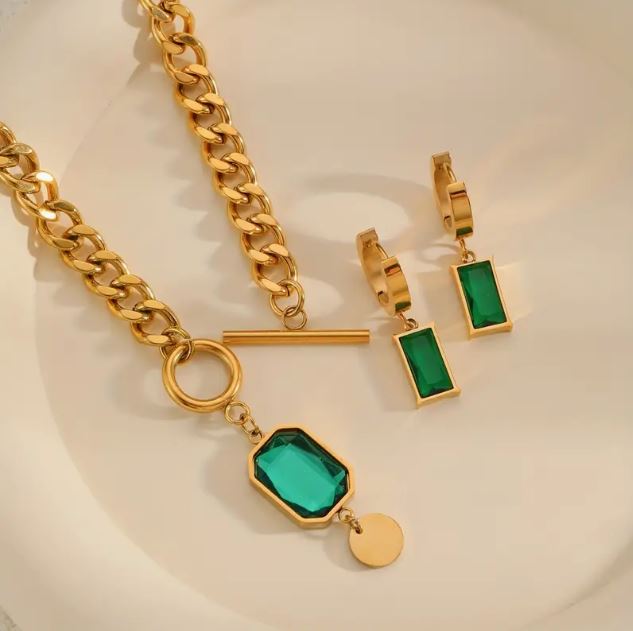 Beautiful 18K gold plated stainless steel green crystals pendant necklace and earrings set