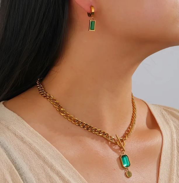 Beautiful 18K gold plated stainless steel green crystals pendant necklace and earrings set