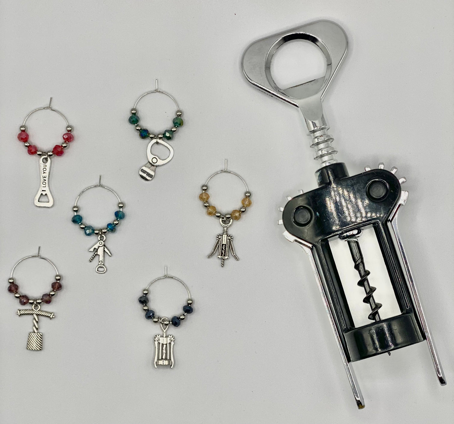 Wine glass charm 6-set of corkscrews and bottle opener charms