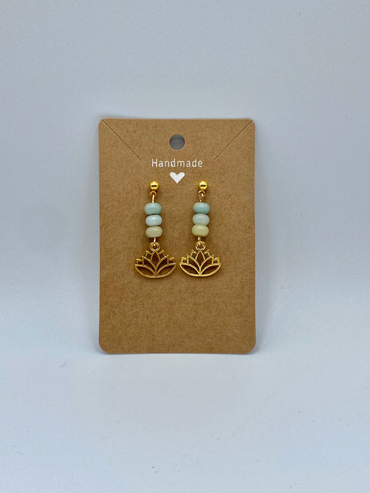 Golden stainless steel earrings with Amazonite beads and charm