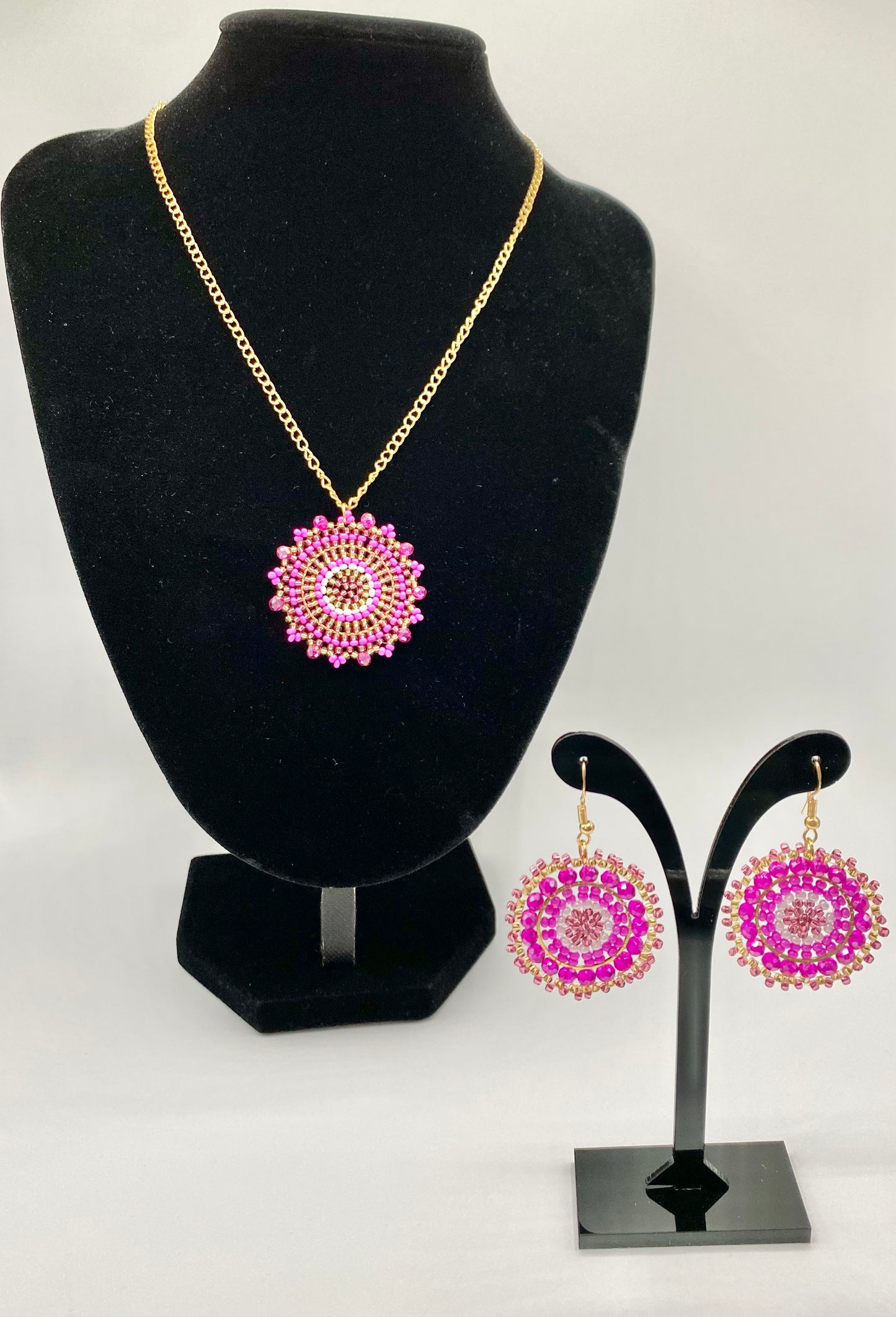 Round beaded 925 gold plated earrings and stainless steel beaded necklace